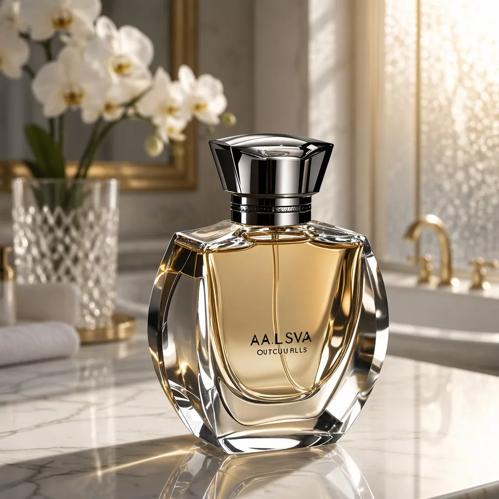 Perfume Bottle in Luxury Marble Bathroom Setting
