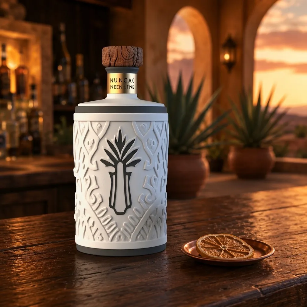 Agave Relief Tequila Bottle in Hacienda Patio at Sunset