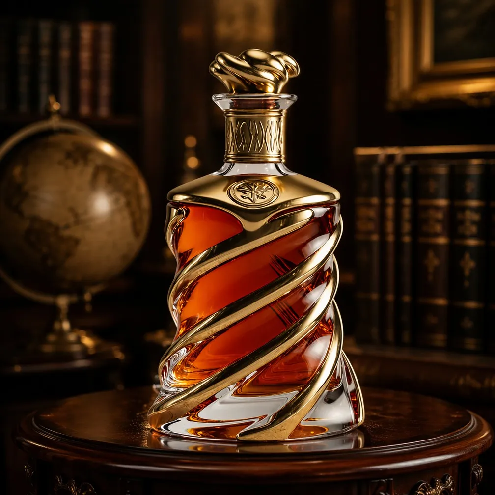 Gold Spiral Decanter in Classic Study with Globe and Books