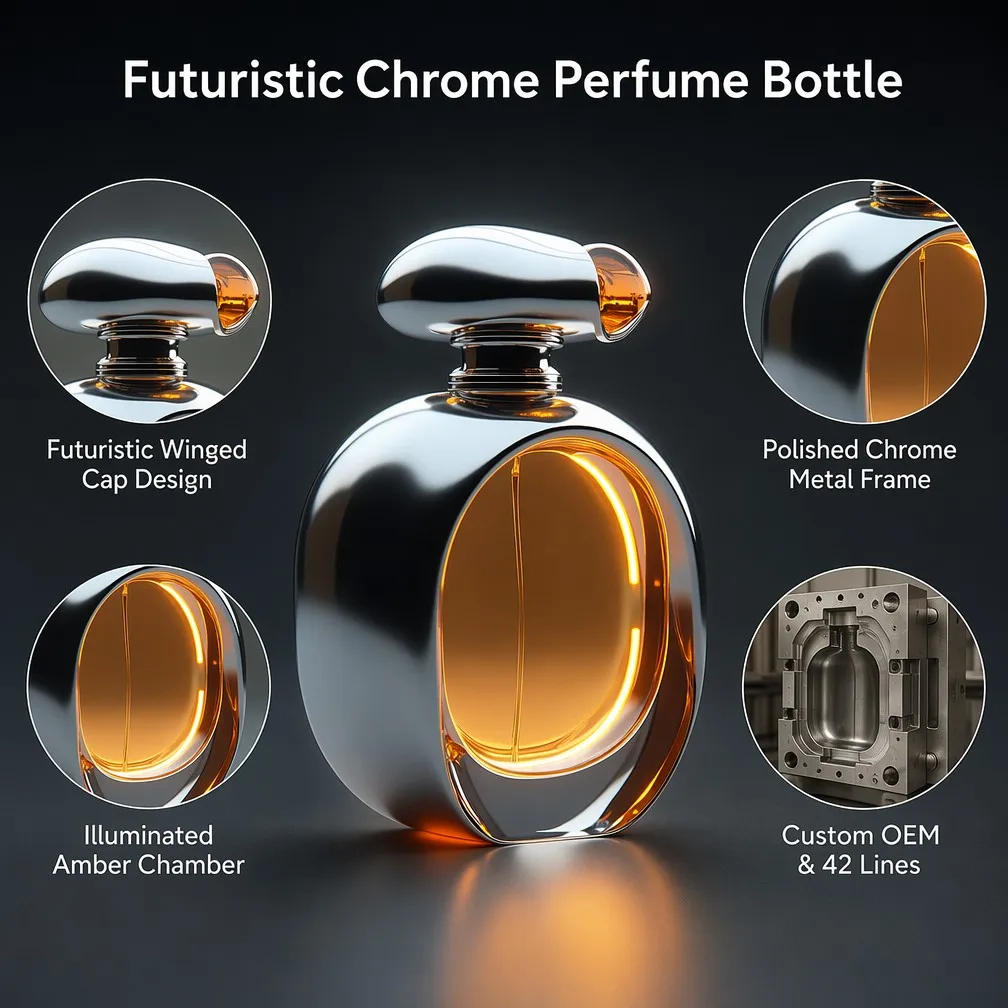 Futuristic Chrome Perfume Bottle Features Overview