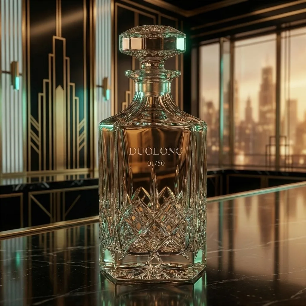 Diamond-Cut Decanter in Art Deco Penthouse with City Skyline View