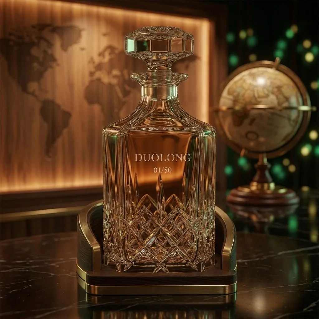 Diamond-Cut Decanter on World Map Background with Wood Stand and Globe