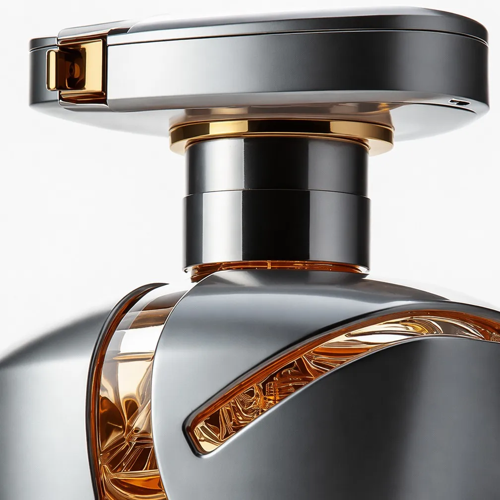 Close-Up of Gunmetal Cap, Gold Accent, and Flowing Cutout Glass