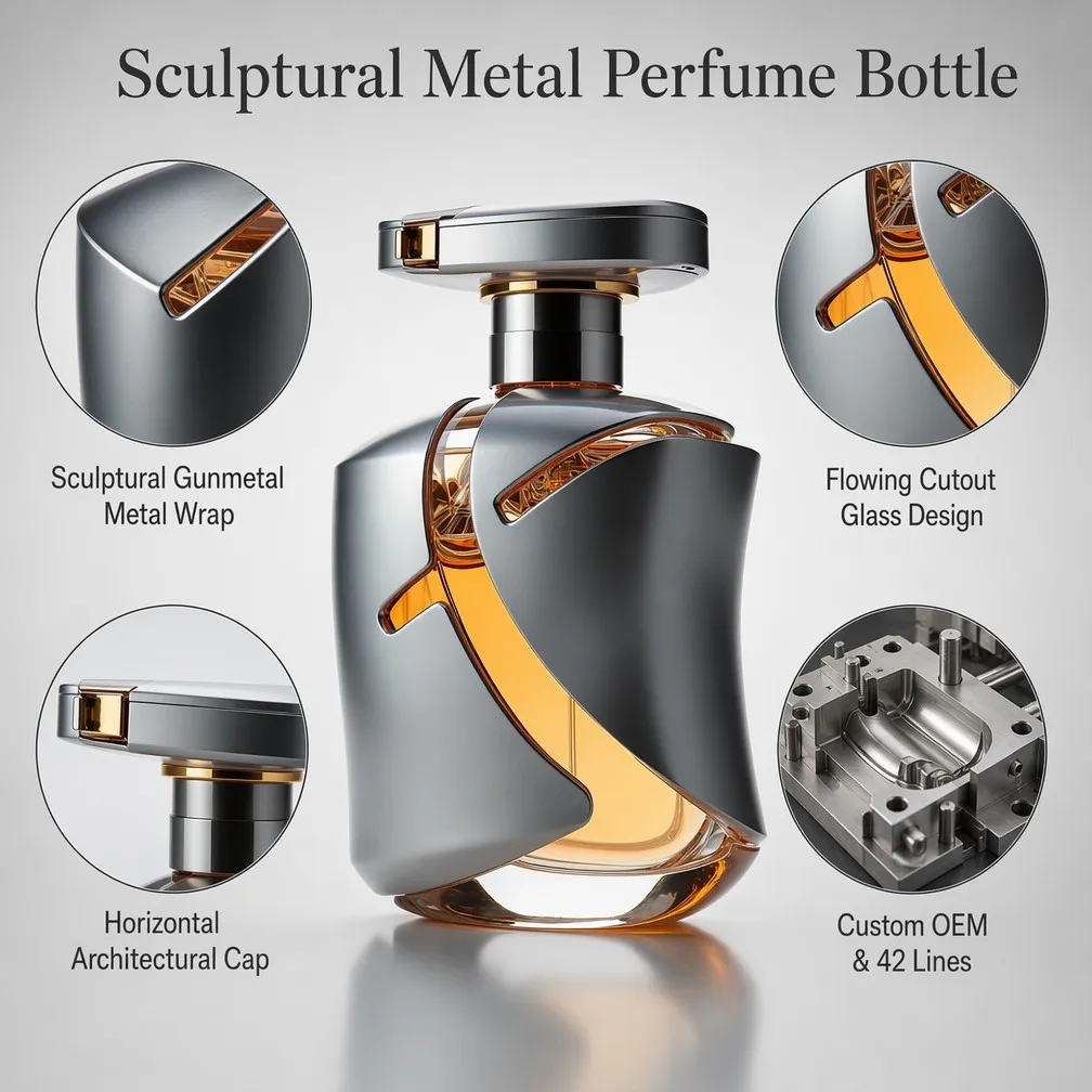 Sculptural Metal Perfume Bottle Features Overview