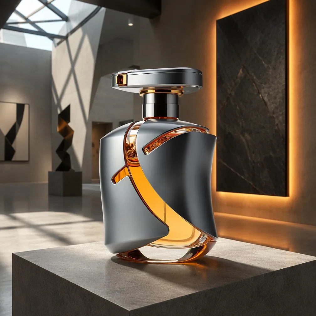 Sculptural Metal Perfume Bottle in Modern Art Gallery Setting