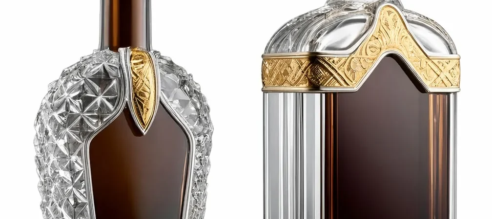 DUOLONG Luxury Liquor Decanter Duo | Diamond-Quilted & Fluted Glass with Gold Crown Stoppers | OEM Custom