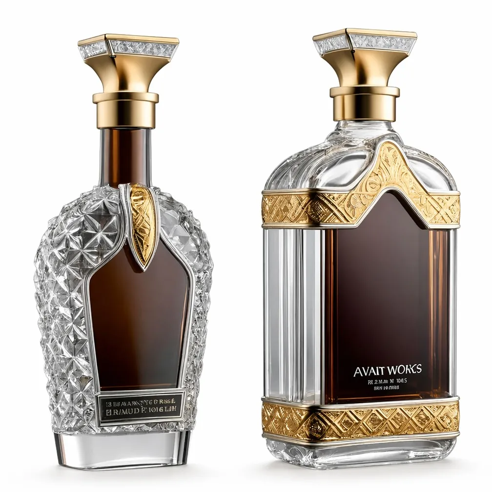DUOLONG Luxury Liquor Decanter Duo | Diamond-Quilted & Fluted Glass with Gold Crown Stoppers | OEM Custom
