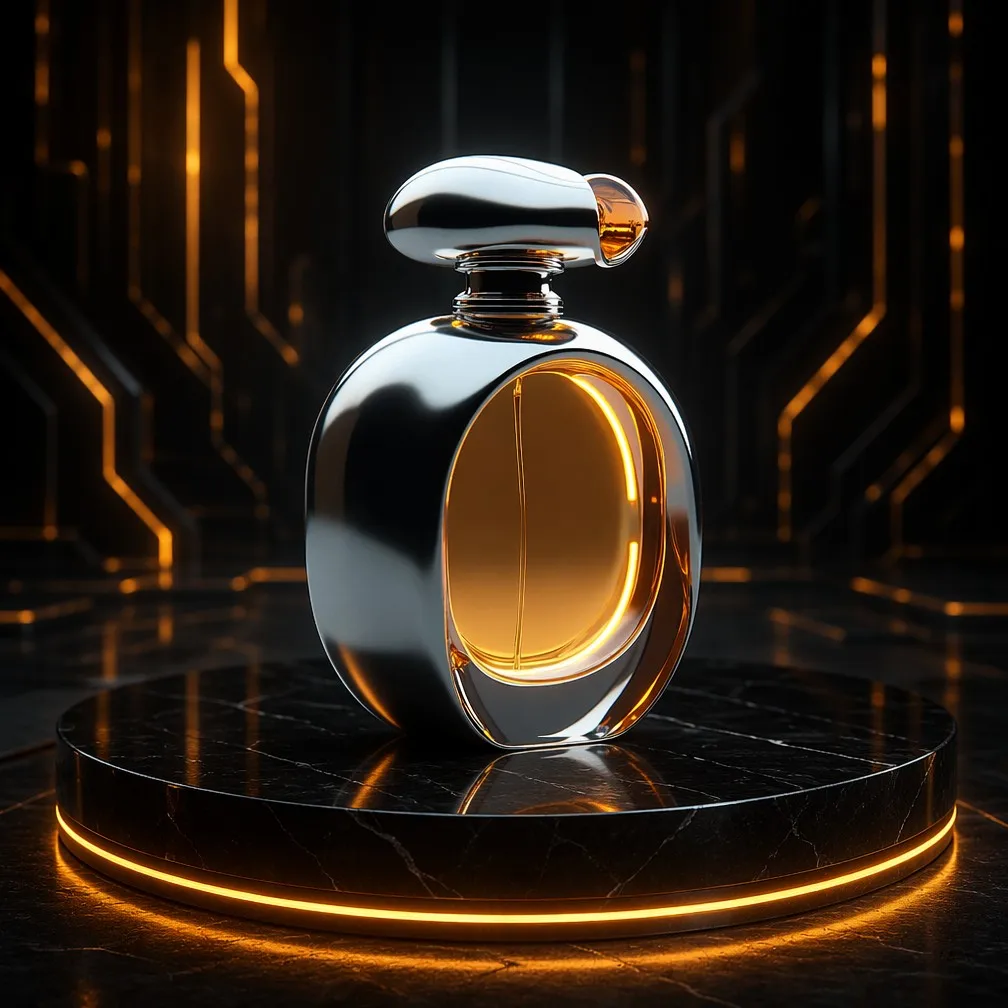 Futuristic Chrome Perfume Bottle in Cyberpunk Setting