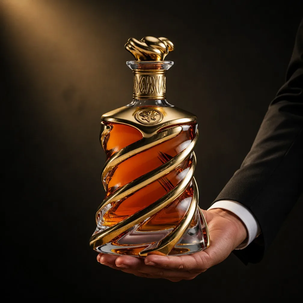 Gold Spiral Decanter Hand Presentation in Business Attire