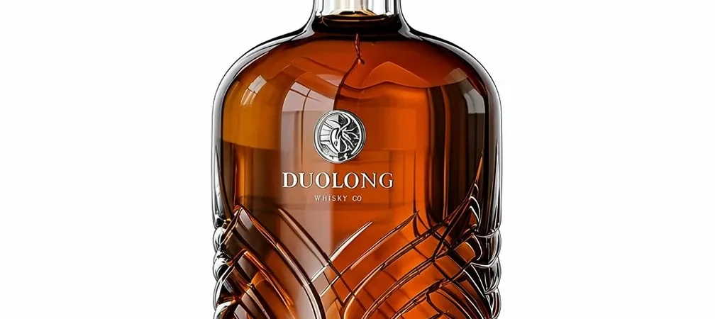 DUOLONG Fan-Wing Whiskey Bottle | Sculptural Glass Design & Silver Heraldic Medallion | OEM Custom