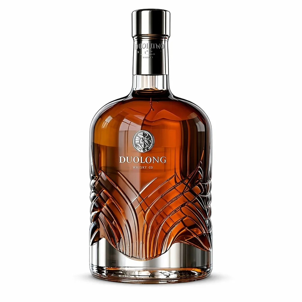 DUOLONG Fan-Wing Whiskey Bottle | Sculptural Glass Design & Silver Heraldic Medallion | OEM Custom
