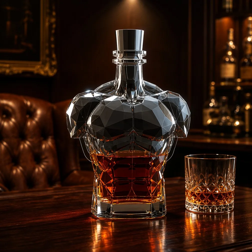 Torso Crystal Decanter in Gentleman Club Setting with Chesterfield and Bar