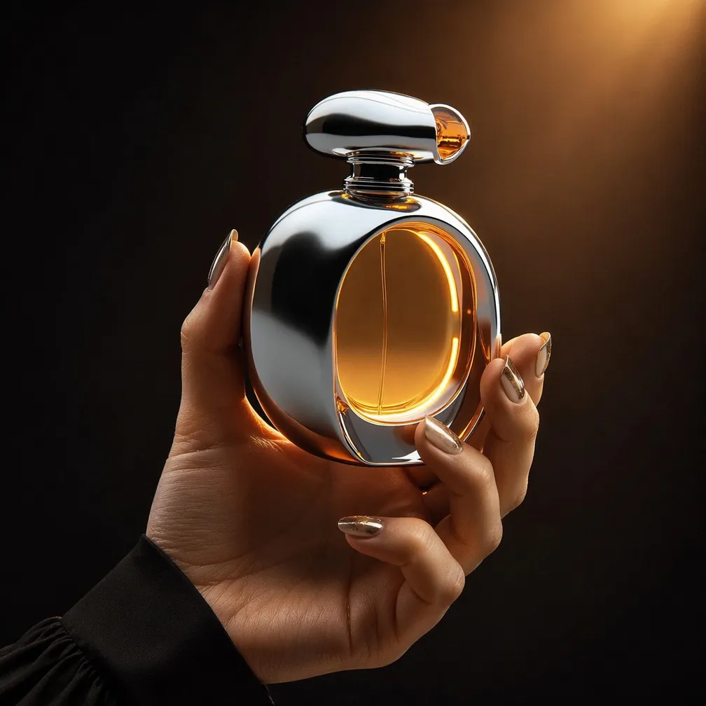 Futuristic Chrome Perfume Bottle Hand Presentation