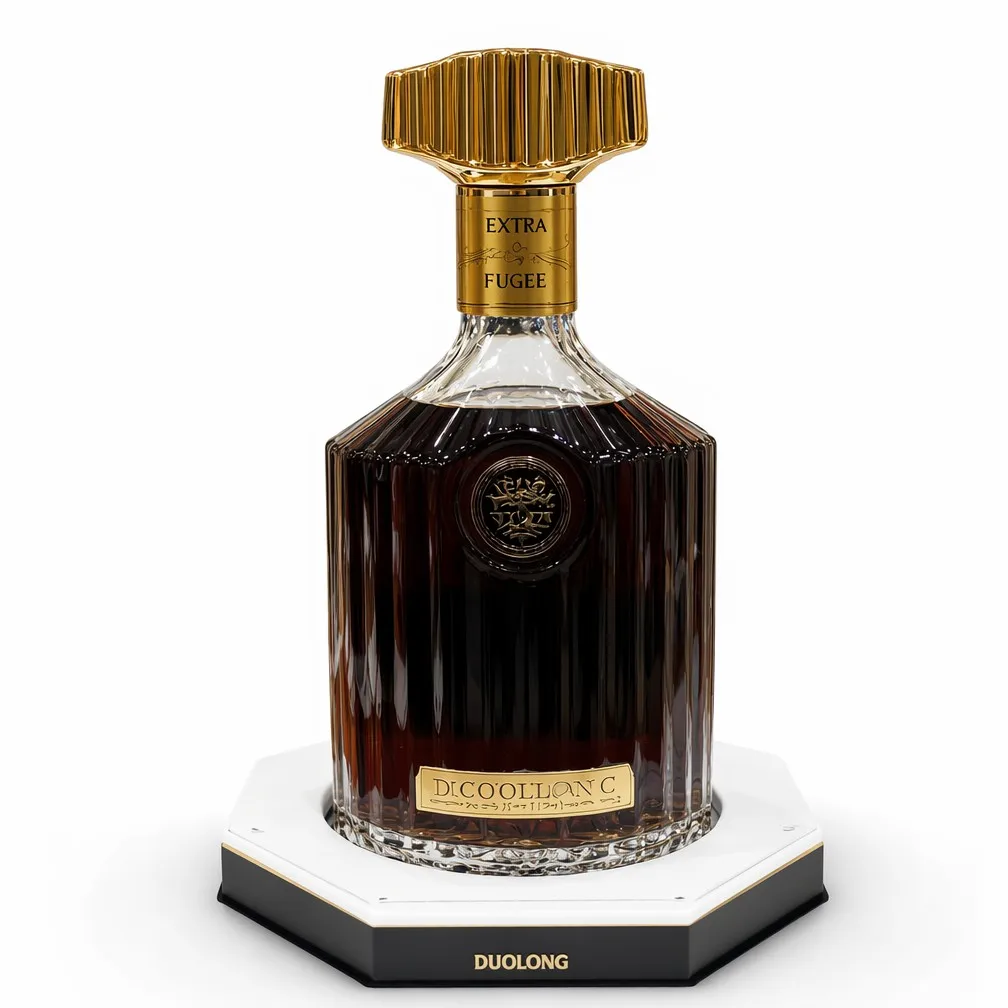 DUOLONG Premium Fluted Cognac Bottle | Fan-Shaped Golden Stopper & Heritage Crest | OEM Custom