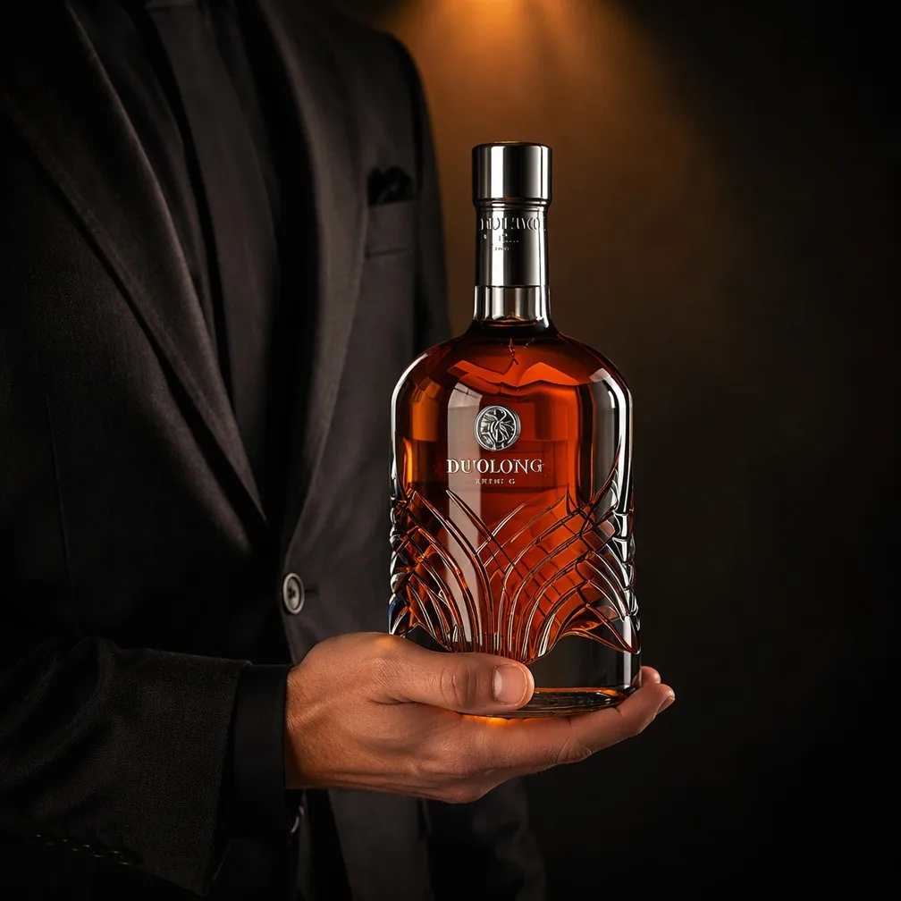 Fan-Wing Whiskey Bottle Hand Presentation in Formal Attire