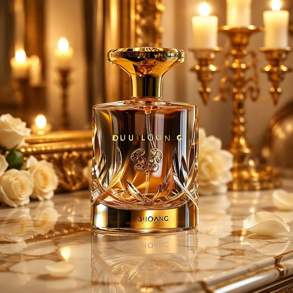 Gold Crown Perfume Bottle in Golden Vanity Setting with Roses and Candelabra