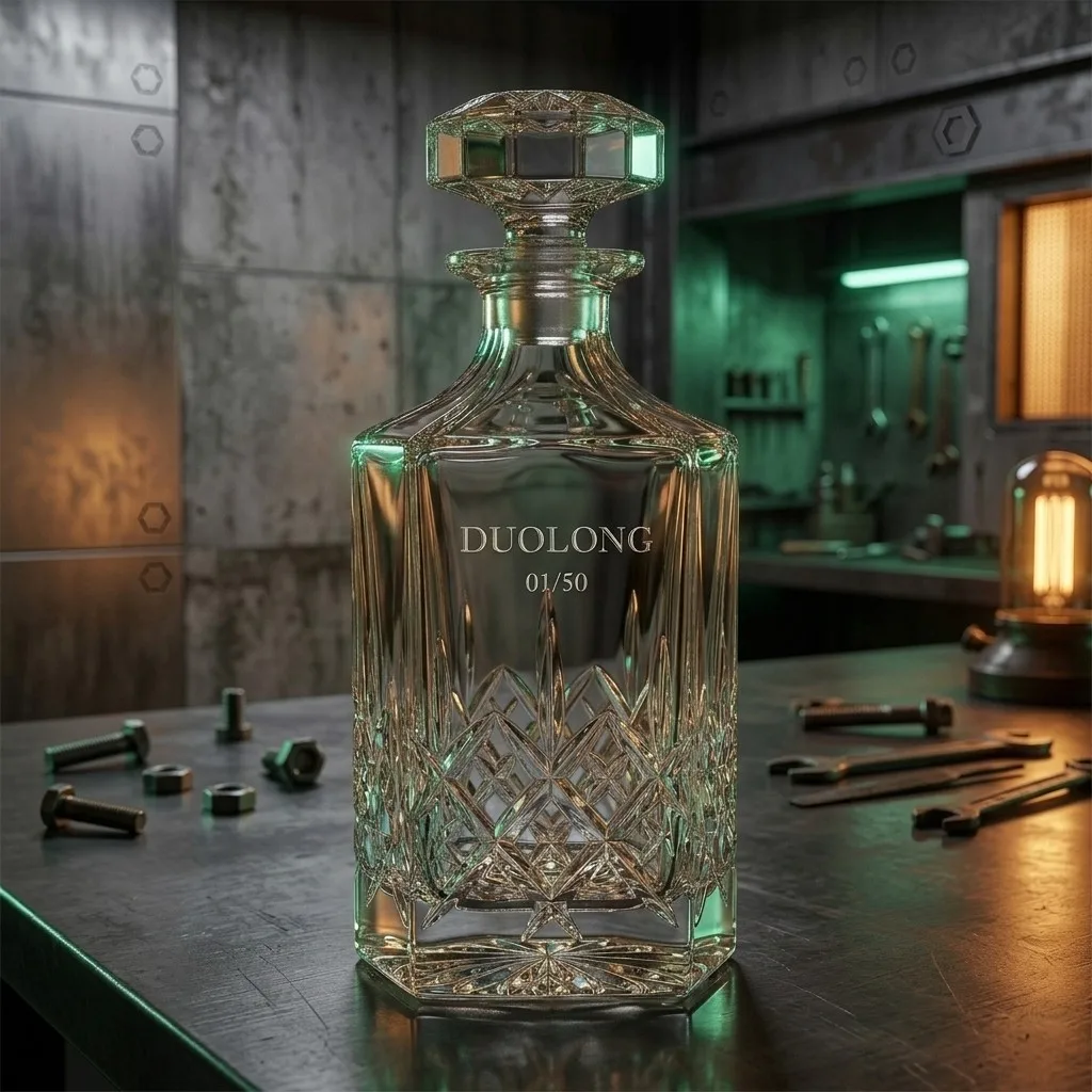 Diamond-Cut Decanter in Industrial Workshop with Craft Tools