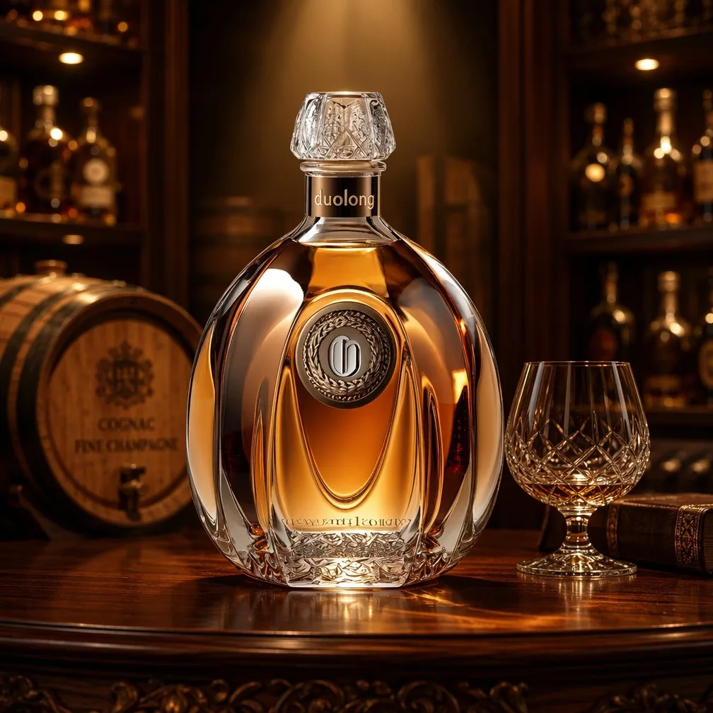 Crystal Crown Cognac in Wine Cellar with Oak Barrels and Crystal Snifter